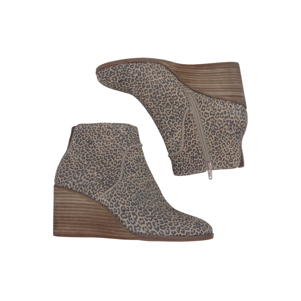 Lucky Brand Zanta Leopard Print Leather Wedge Ankle Booties Tan Black LK-ZANTA